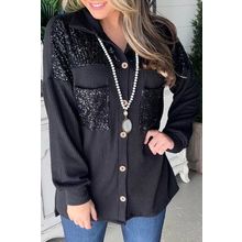 Black Sequin Patch Chest Pocket Corded Shacket