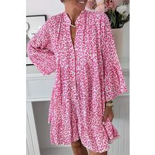 Bright Pink Leopard Printed Long Sleeve Buttoned Front Mini Dress