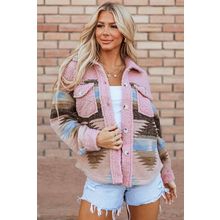 Pink Western Aztec Print Sherpa Splicing Buttoned Flap Pocket Coat