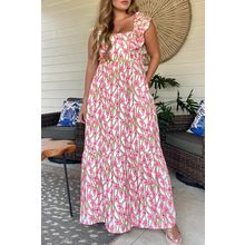 Pink Plus Size Ruffle Trim Square Neck High Waist Floral Maxi Dress