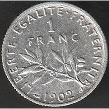 1902 France 1 Franc Silver Coin