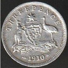 1910 Australia 1 Threepence Silver Coin