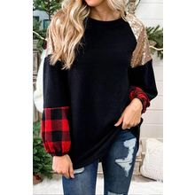 Crewneck Lantern Sleeve Plaid Sequin Splicing Pullover Sweatshirt