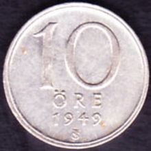 1949 Sweden 10 Ore Silver Coin