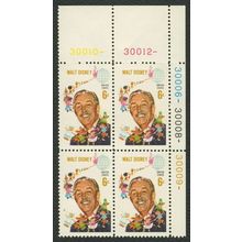 Walt Disney Plate Number Block of Four Postage Stamps Scott 1355