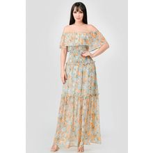 Floral Chiffon Off Shoulder Smocked Back Ruffled Tiered Maxi Dress