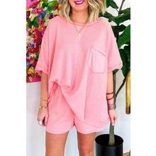 Pink Plus Size Ribbed Exposed Seam Tee and Shorts Set