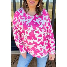 Rose Animal Print Long Sleeve V Neck Plus Size Top