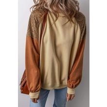 Khaki Lace Patchwork Colorblock Drop Shoulder Sweatshirt