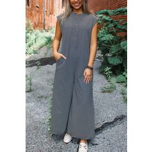 Black white Striped Print Buttoned Wide Leg Sleeveless Jumpsuit