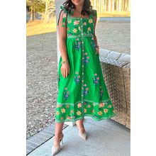 Green Floral Print Contrast Trim Knotted Straps Midi Dress
