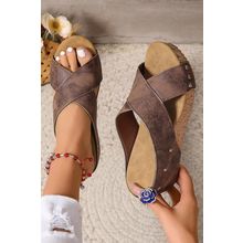 Coffee Criss Cross Cut Out PU Leather Wedge Slippers