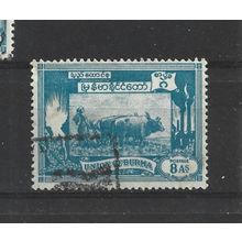 Burma.SG129 8a Ploughing paddy field with oxen (Blue).Fine Used.Jul25l
