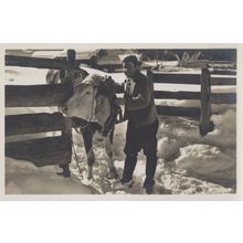 Adelboden Farmer Farming Cow In Snow Switzerland Old Postcard