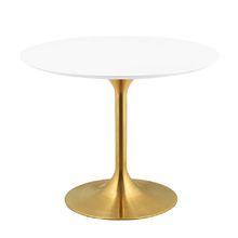 40" Pedestal Stem Tulip Dining Table White Round Lacquered Wood Top Gold Base