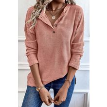 Rose Tan Rib Textured Henley Knit Top