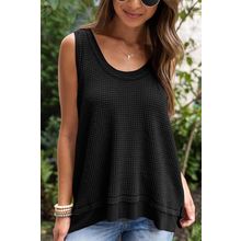 Black Scoop Neck Waffle Knit Flowy Vest