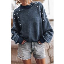Sky Blue Beads Stud Drop Shoulder Loose Sweatshirt