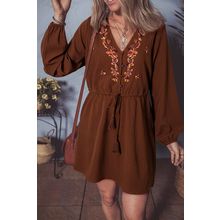 Burgundy Floral Embroidered Tassel Tie Waist Long Sleeve Mini Dress