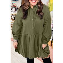 Four Leaf Clover Plus Size Collar Half Button Long Sleeve Ruffle Hem Mini Dress