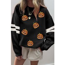 Black Halloween Pumpkin Face Sequin Patched Oversize Varsity Sweatshirt