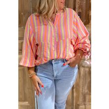 Pink Stripe Crinkled Half Buttons V Neck Plus Size Blouse