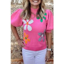 Bright Pink Floral Bubble Short Sleeve Sweater