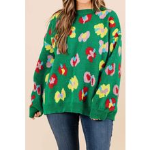 Green Plus Size Floral Knitted Ribbed Edge Drop Shoulder Sweater