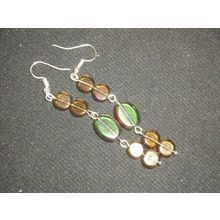 One off bronze dipped dark yellow & green glass long swing earrings