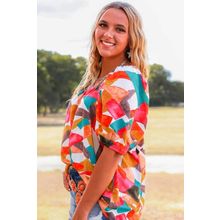 Multicolor Square Neck Abstract Print Short Sleeve Blouse