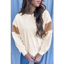 Apricot Corduroy Patchwork Drop Shoulder Long Sleeve Sweatshirt