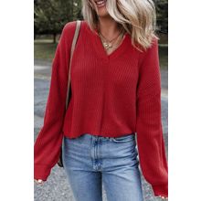 Racing Red Solid Textured Knit V Neck Drop Shoulder Sweater