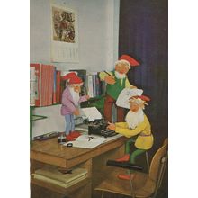 Toy Garden Gnomes Typing On Antique Typewriter Postcard