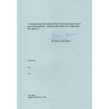 Tony Benn Labour MP Hand Signed Quotation Autograph