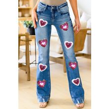 Sky Blue Sequin Heart Shape Patched Distressed Flare Jeans