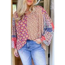 Orange Mixed Floral Printed Long Sleeve Tied V Neck Blouse