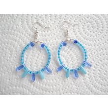 Handmade Aqua Seed Bead Hoop Earrings with Dagger Beads, SP Ear-Wires.