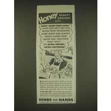 1939 Hinds Lotion Ad - Honey beauty advisor says: Soapy hands need hinds!