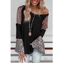 Black Sequin Patchwork Bell Sleeve V Neck Tunic Top