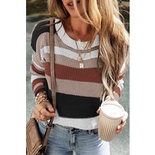 Taupe Classic Round Neck Colorblock Knit Sweater