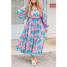 Sky Blue Floral Allover Print Shirred Square Neck Plus Size Maxi Dress