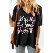 Gray Jesus Loves You Bow Knot Print V Neck Waffle Knit Loose T Shirt