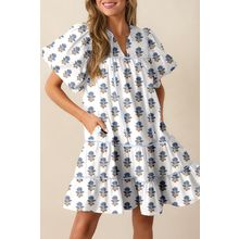 Sky Blue Floral Puff Sleeve Tied Neck Pocketed Mini Dress