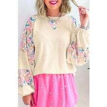 Apricot Textured Floral Patchwork Balloon Sleeve Blouse