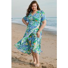 Green Leaves Print Short Sleeve Surplice Neck Ruffled Trim Plus Size Maxi Dress