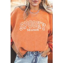 Orange SPOOKY SEASON Embroidered Letter Graphic Twisted Ribbed Sweatshirt