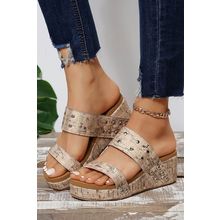 Camel Rivet Double Straps Wedge Slippers