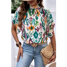 Multicolour Western Print High Neck Bat Sleeve Blouse