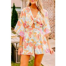 Orange Blooming Floral Print Front Tie Romper