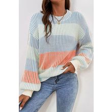 Multicolour Colorblock Textured Knit Bubble Sleeve Sweater